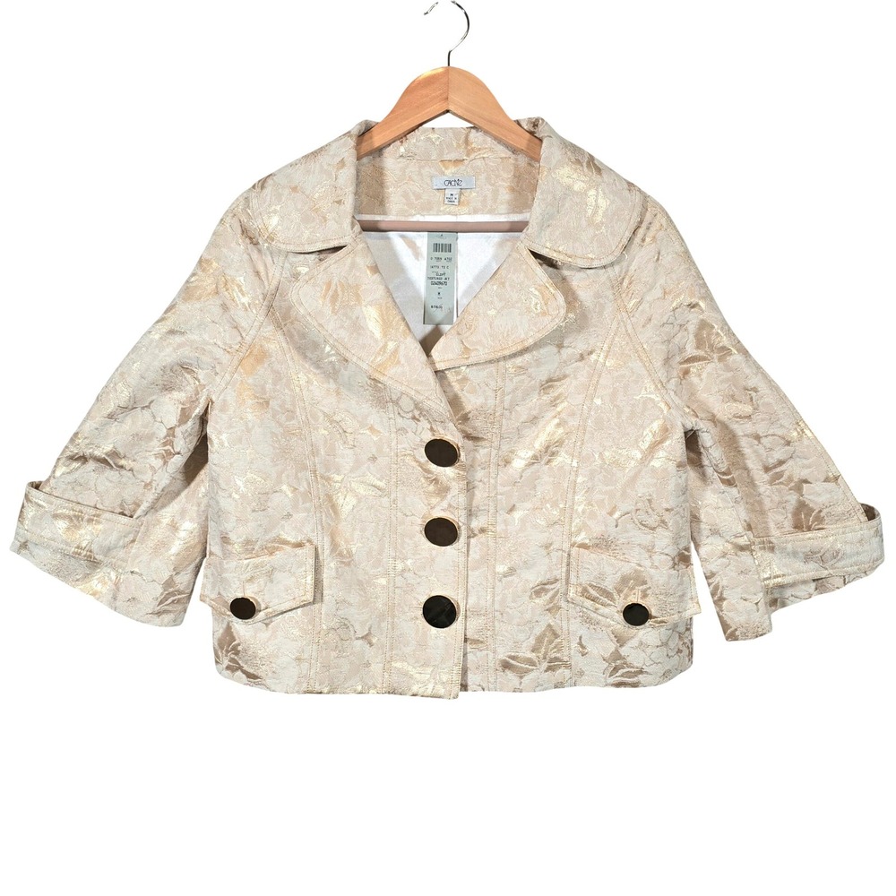 VTG Y2K Cache Floral Gold White Brocade Box Jacket Womens Med Cropped‎ Metallic